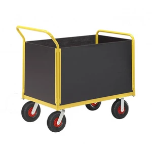 Lagervagn m. plyfaflak  Höga plyfasidor  Luftgummihjul  Vikt: 44 kg  Maxlast: 400 kg  Finns i flera storlekar