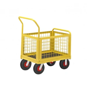 Lagervagn m. plyfaflak  Nätgaller  Luftgummihjul  Vikt: 36 kg  Maxlast: 400 kg  Finns i flera storlekar